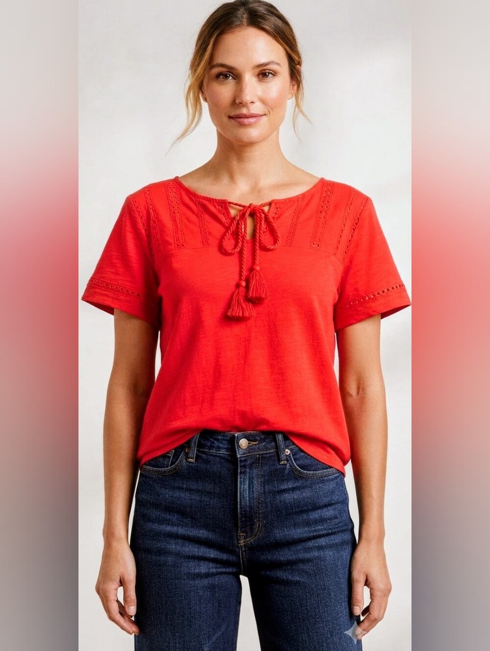 NWT Hilary Radley Red Tassel Tie Eyelet Short-Sleeve Top Size Medium M